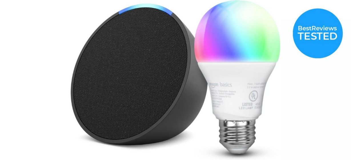  Echo Pop with Amazon Basics Smart Color Bulb on white background