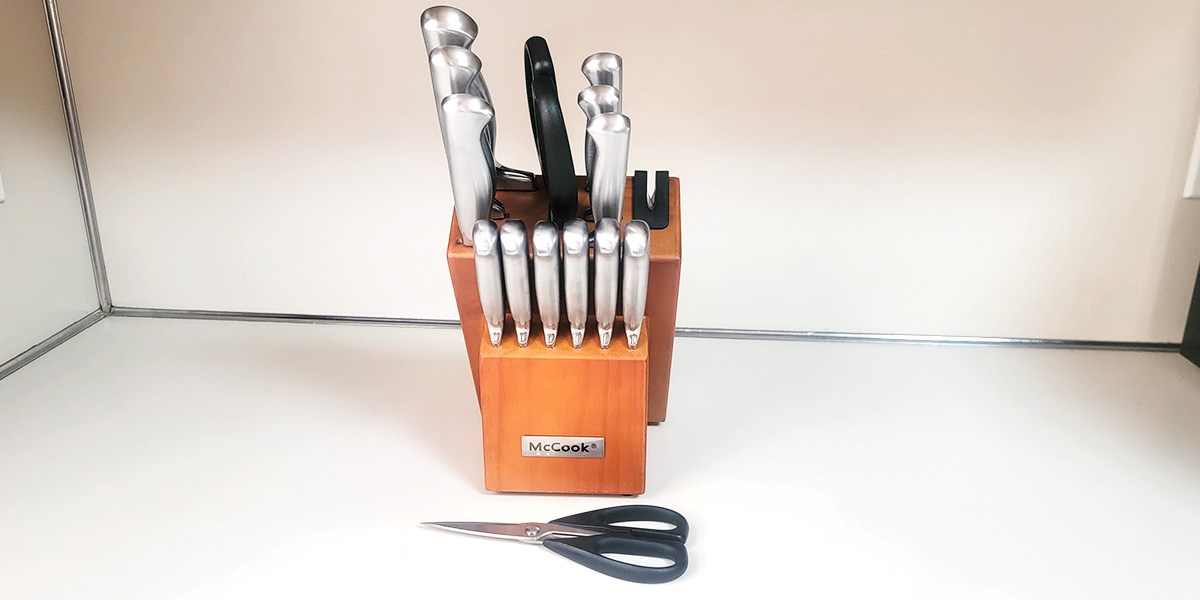 McCook Knife Set on kitchen counter with scissors in front McCook Knife Set on kitchen counter with scissors in front