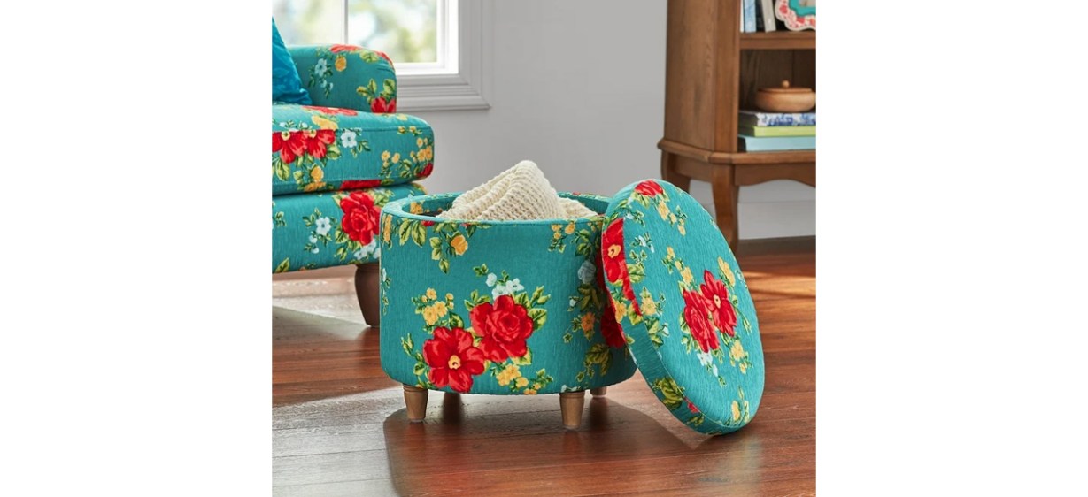 The Pioneer Woman Vintage Floral Fabric Round Storage Ottoman