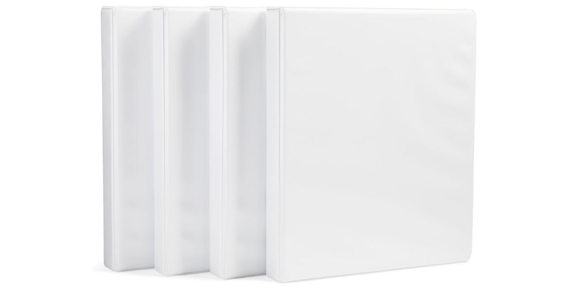 Amazon Basics 3-Ring Binder with Round Rings and Interior Pockets, 1-Inch, White, 4-Pack