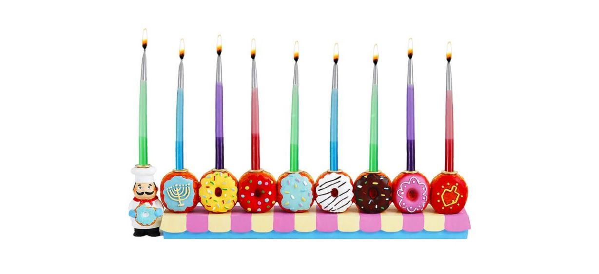 Baker and Doughnuts Children's Candle Menorah with lit candles inside