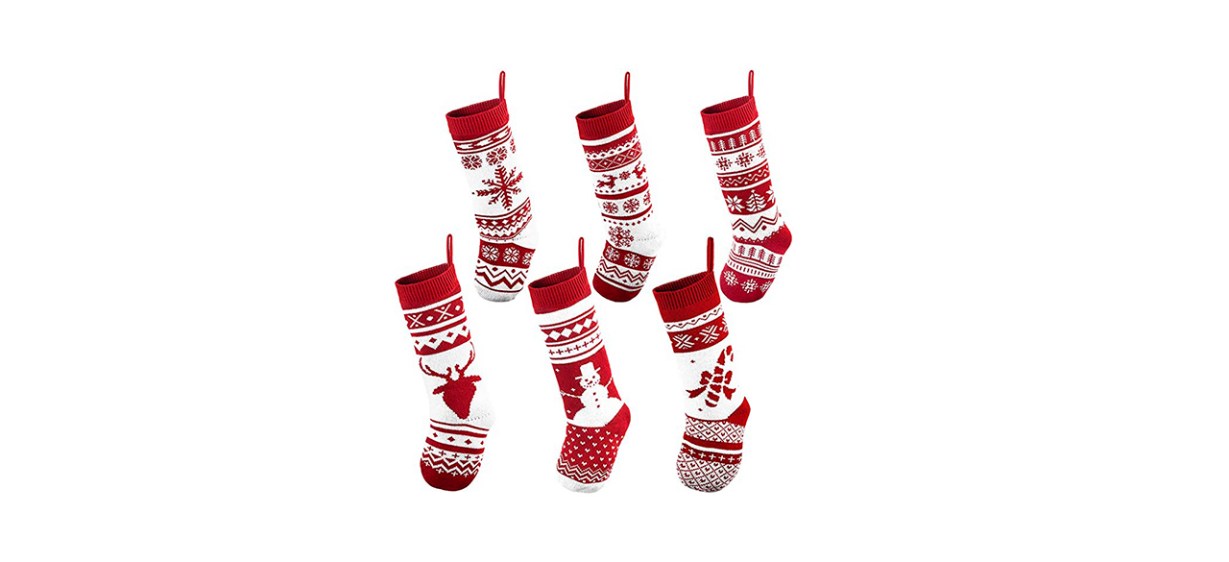 6 red and white Christmas stockings with various designs