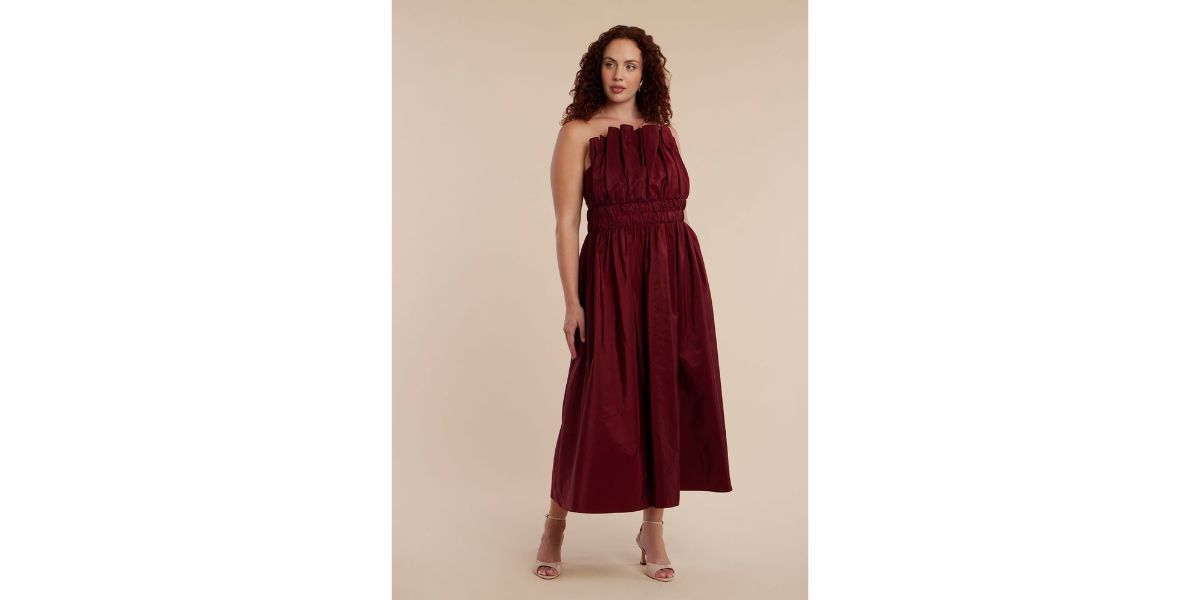 Eloquii Pleated Ruffle Neckline Midi Dress
