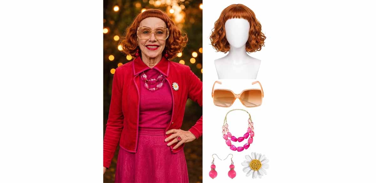 Weapons Aunt Gladys Short Curly Red Brown Wig with Short Bangs &amp; Cosplay Accessories