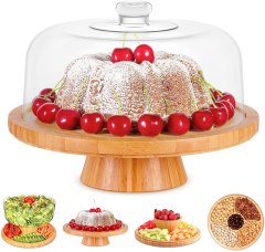 Homeries Bamboo Cake Stand with Clear Acrylic Dome Cover